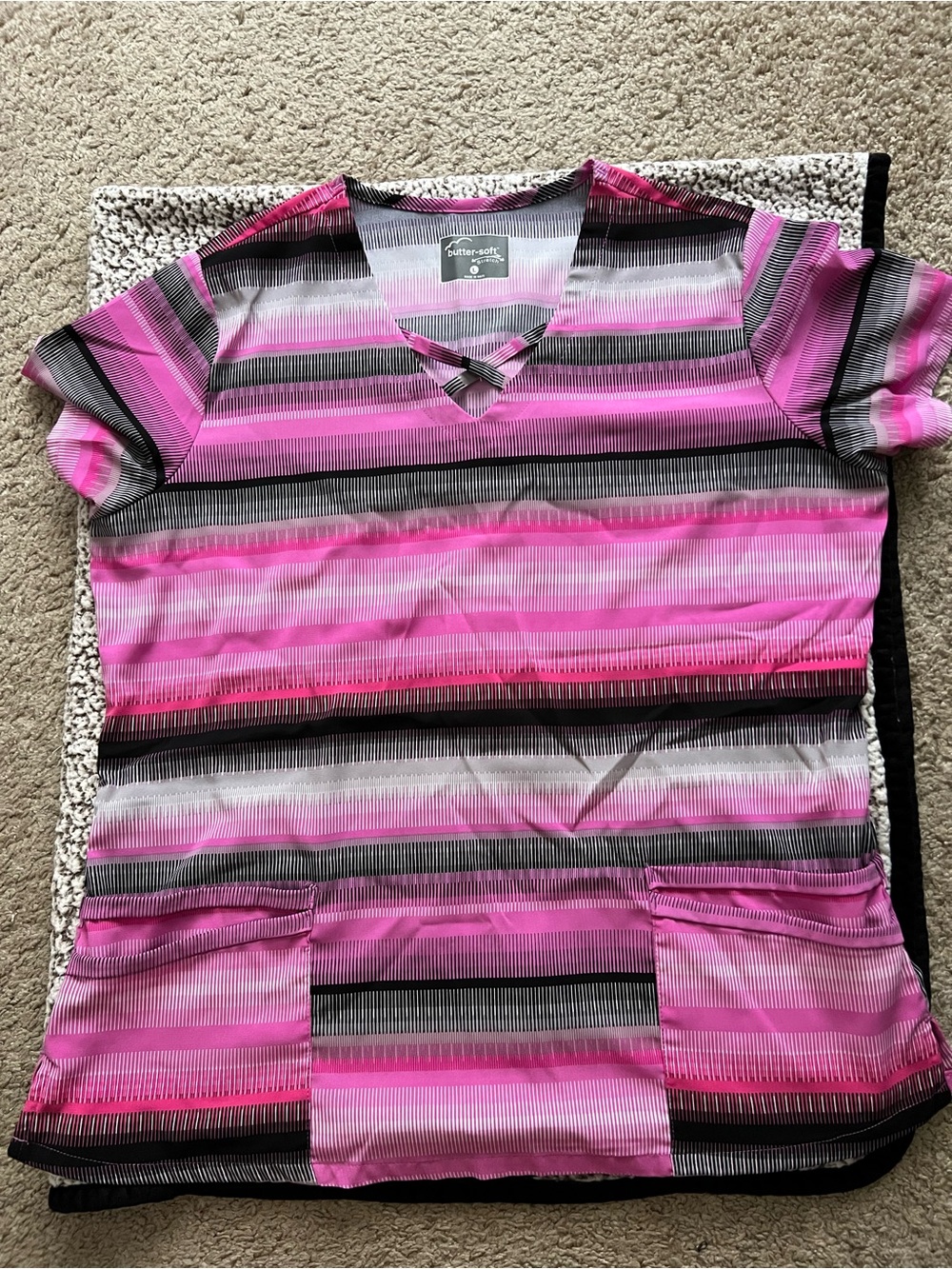Butter Pink Black Gray Striped V-Neck scrub Top